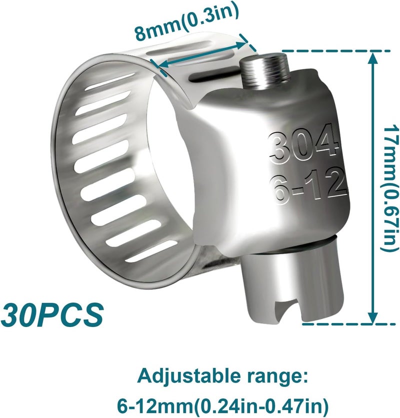 SDZONGES Hose Clamp, 30PCS Fuel Line Clamp, 1/4 inch to 7/16 inch Radiator Hose Clamps, Hose Clamps Stainless Steel(6-12mm). - Image 2